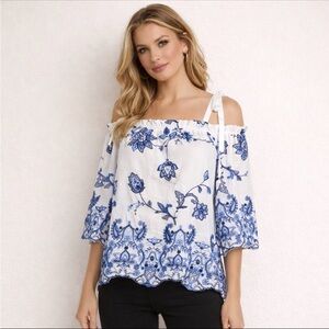 Parker Jillian Embroidered Off the Shoulder Scalloped Top Medium 23589